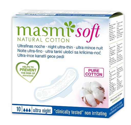 MASMI NATURAL COTTON.Ультратонкие ночные гигиенические прокладки Soft из натурального хлопка  10шт